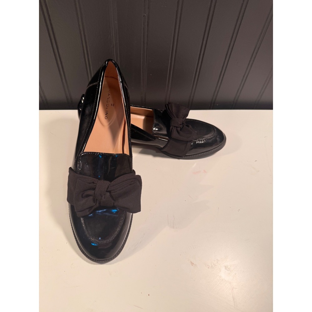 Bandolino Black Patent Bow Loafers Low Block Heel Dress Shoes Womens 7.5M
